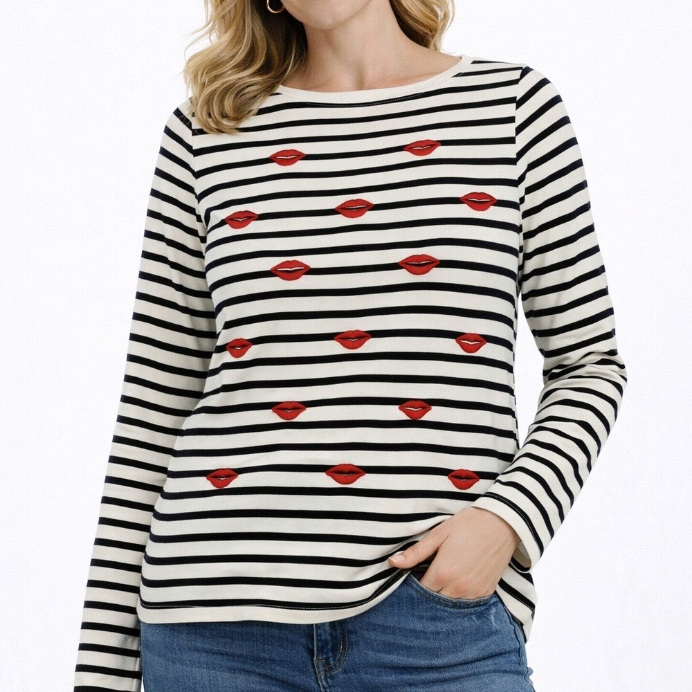 Striped Long Sleeve Top Womens Medium Black White Red Lips Embroidered